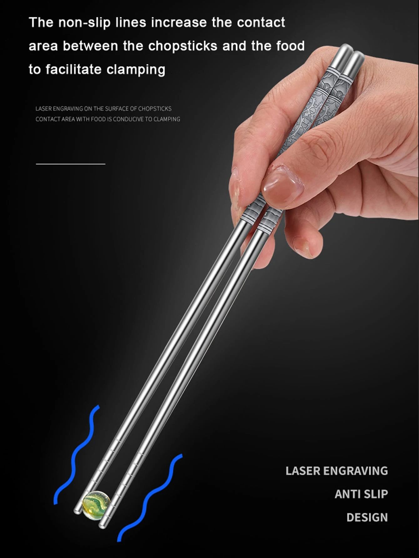 6 Pairs Stainless Steel Chopsticks Set 8.8in Reusable Non Slip Metal Chopsticks With Blue & White Design silver 6 Pairs