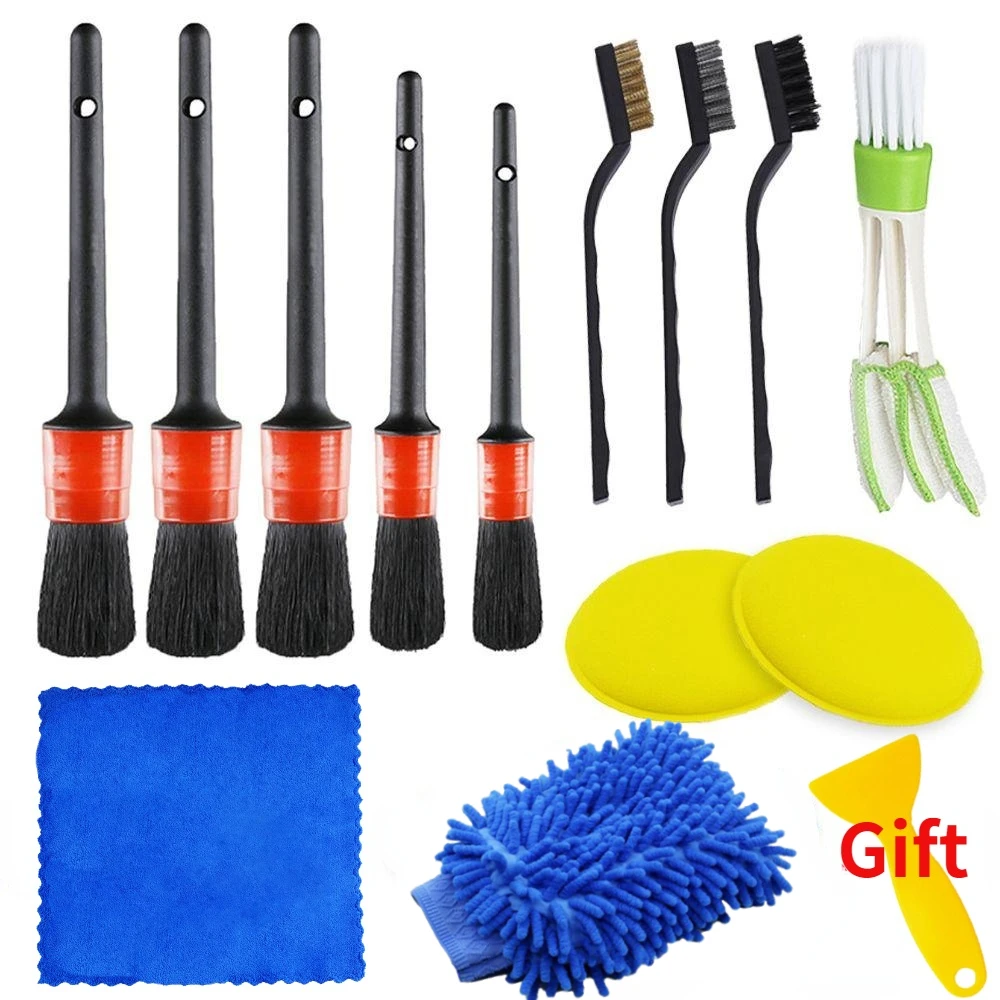 Car Detailing Brushes Kit For Automotive Cleaning Electric Drill Compatible, Soft Bristles For Car Interior, Air Vents 14 Pcs
