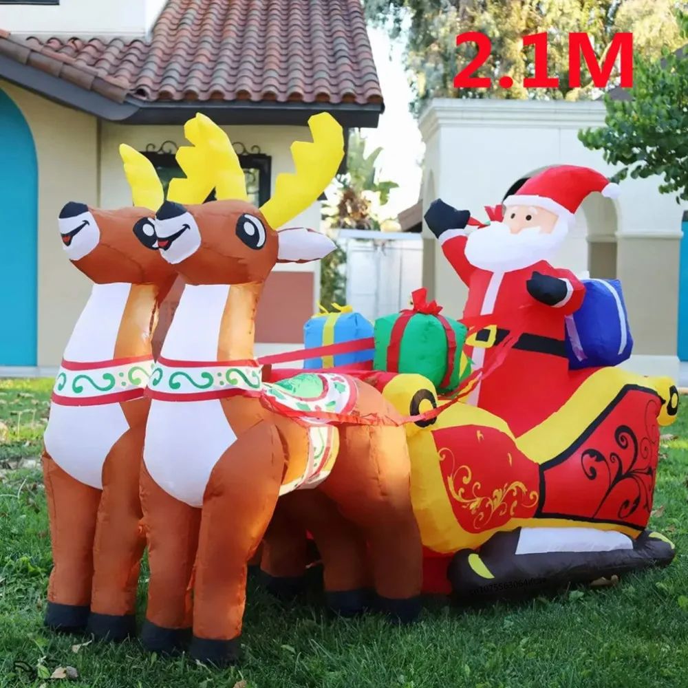 82.68in Christmas Inflatable Santa Sleigh With Reindeer LED Outdoor Holiday Decoration two Deer