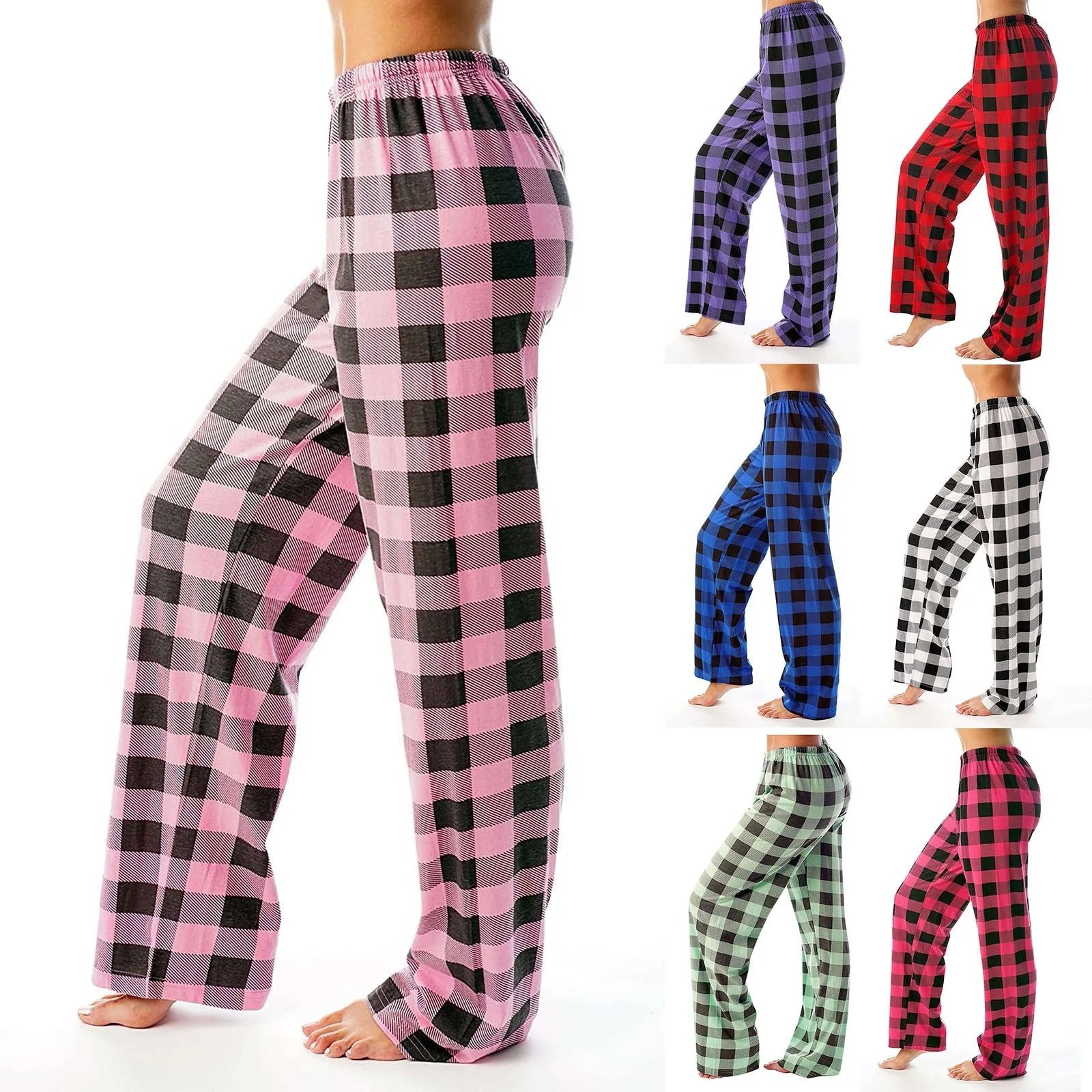 Womens Plaid Cotton Loose Ladies Pajama Pants Sleep Bottoms Lounge Wear red l