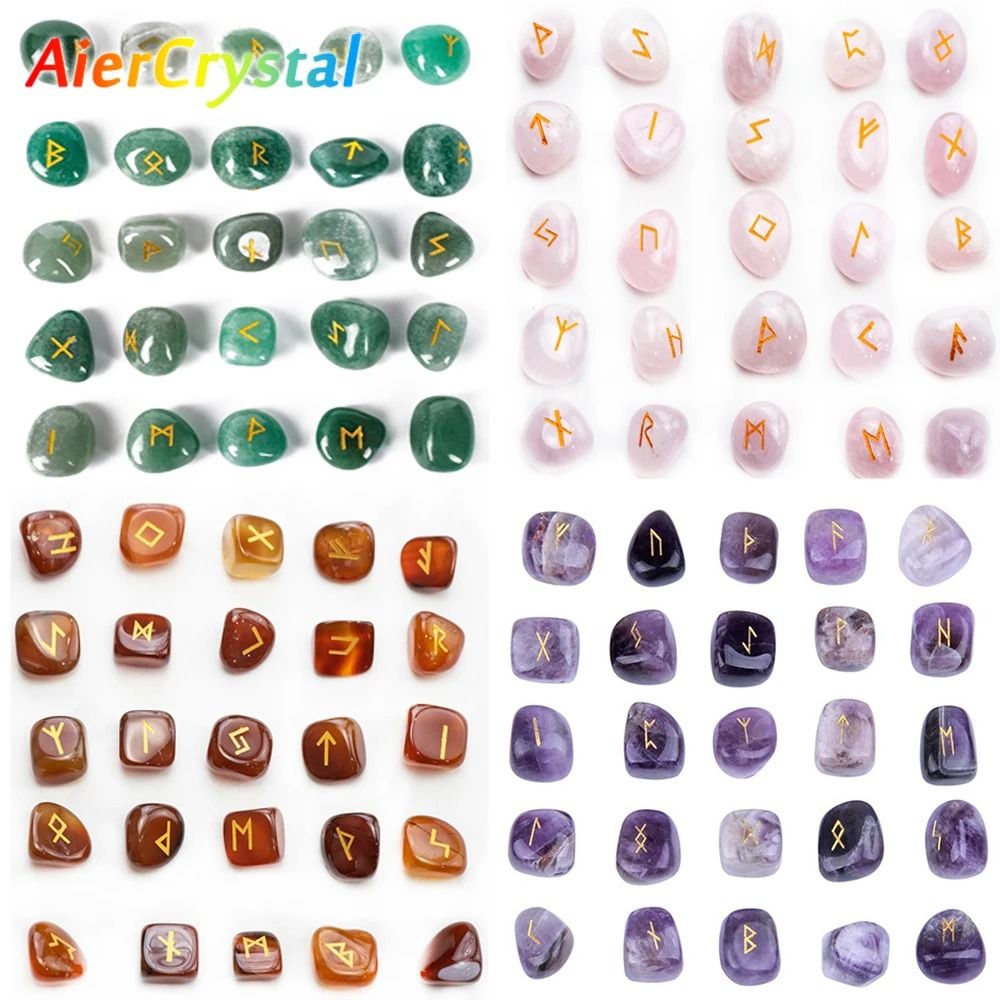 Natural Crystal Rune Stones Set 25PCS Quartz Agate Reiki Healing Witches Energy Crystal Carving amethyst