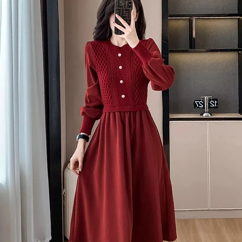 Casual O Neck Lantern Sleeve Fake Two Piece Knitted Dress Autumn Winter Ladies Long Sweater Dress black l