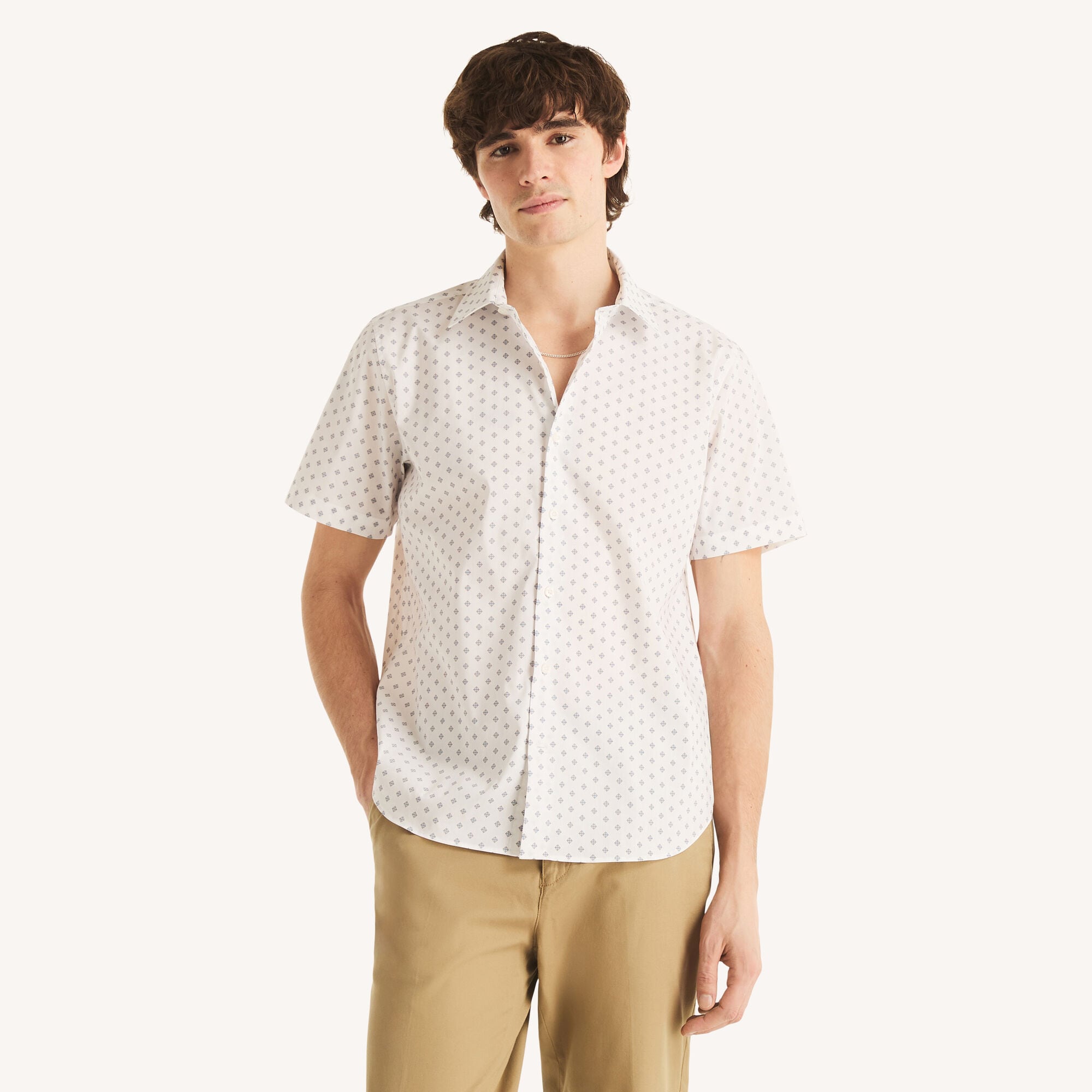 Nautica Men's Wrinkle-Resistant Classic Fit Printed Shirt 101 (Bright White), M