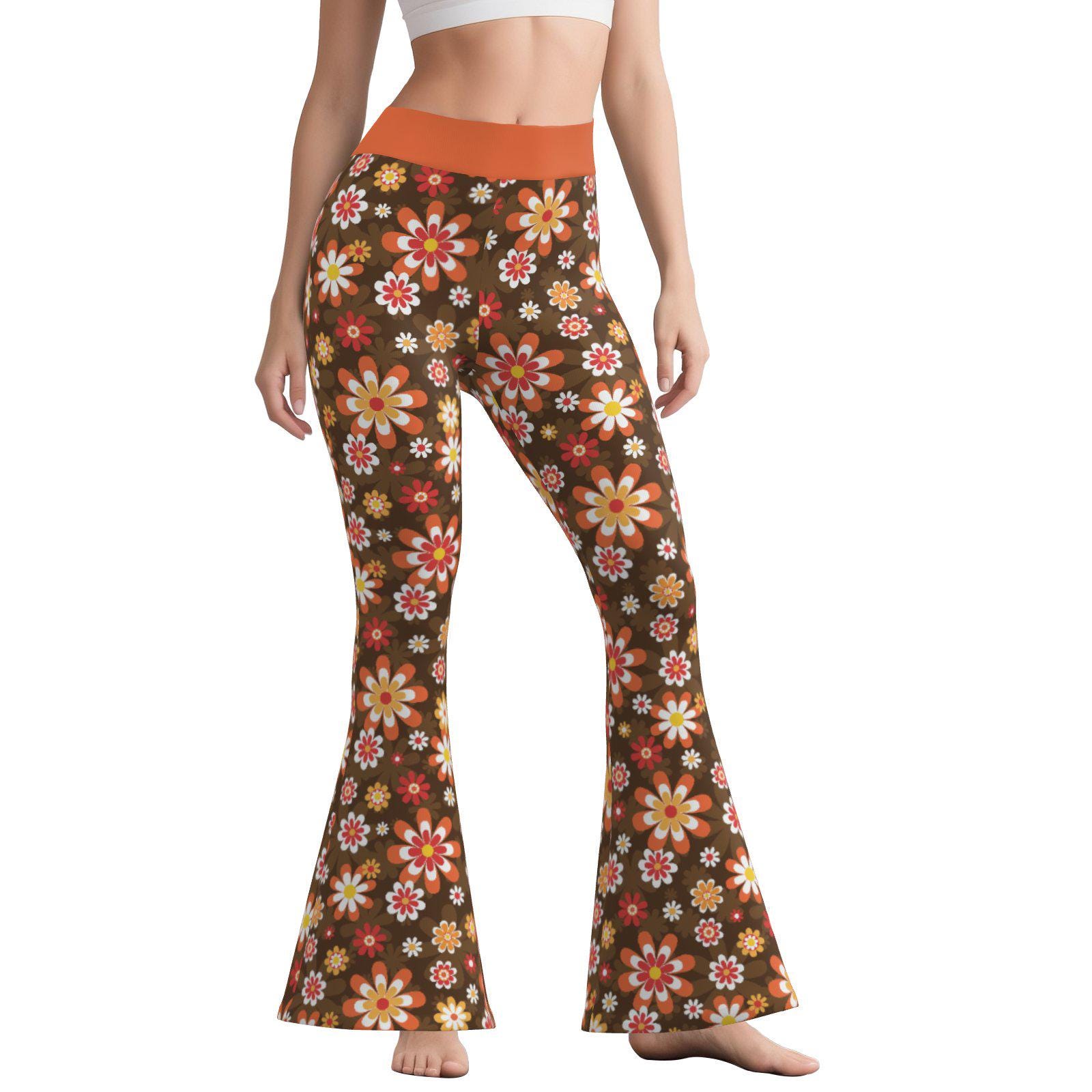 70er Jahre Blümchen Schlaghose | Hoch taillierte Retro Schlag Leggings, Braun Orange 70er Jahre style Hose Weites Bein Yoga Hose