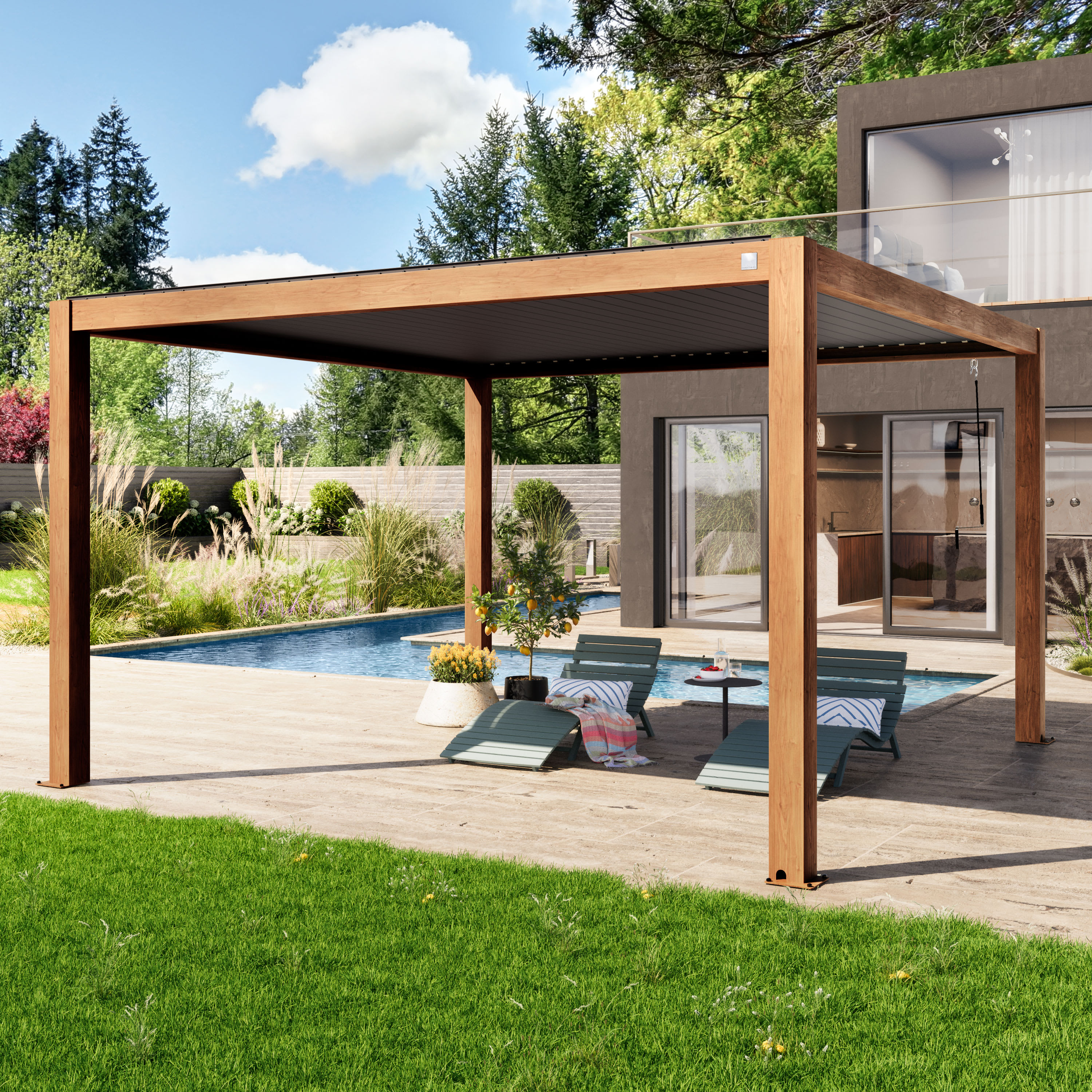 4x4m Pergola in Holzoptik; mit Lamellendach in Anthrazit - (400135) Image