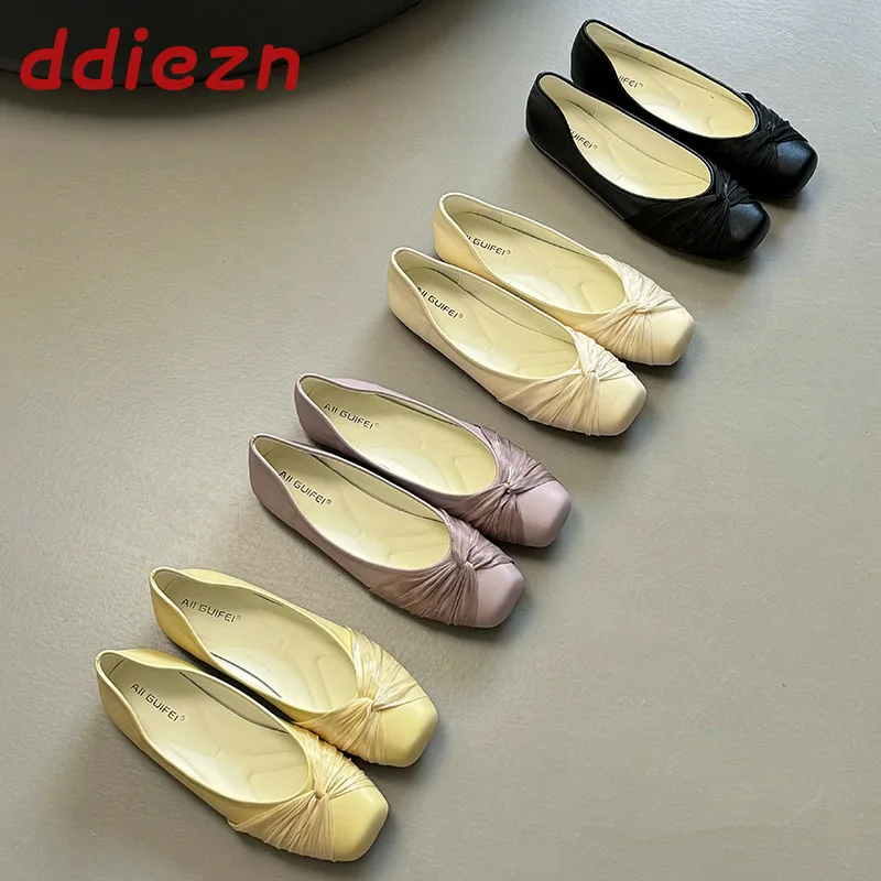 Modische Damen-Slipper aus Seide, neue Frühlings- und Sommer-Freizeitschuhe für Damen, weiches Schuhwerk mit quadratischer Spitze, flache Damenschuhe