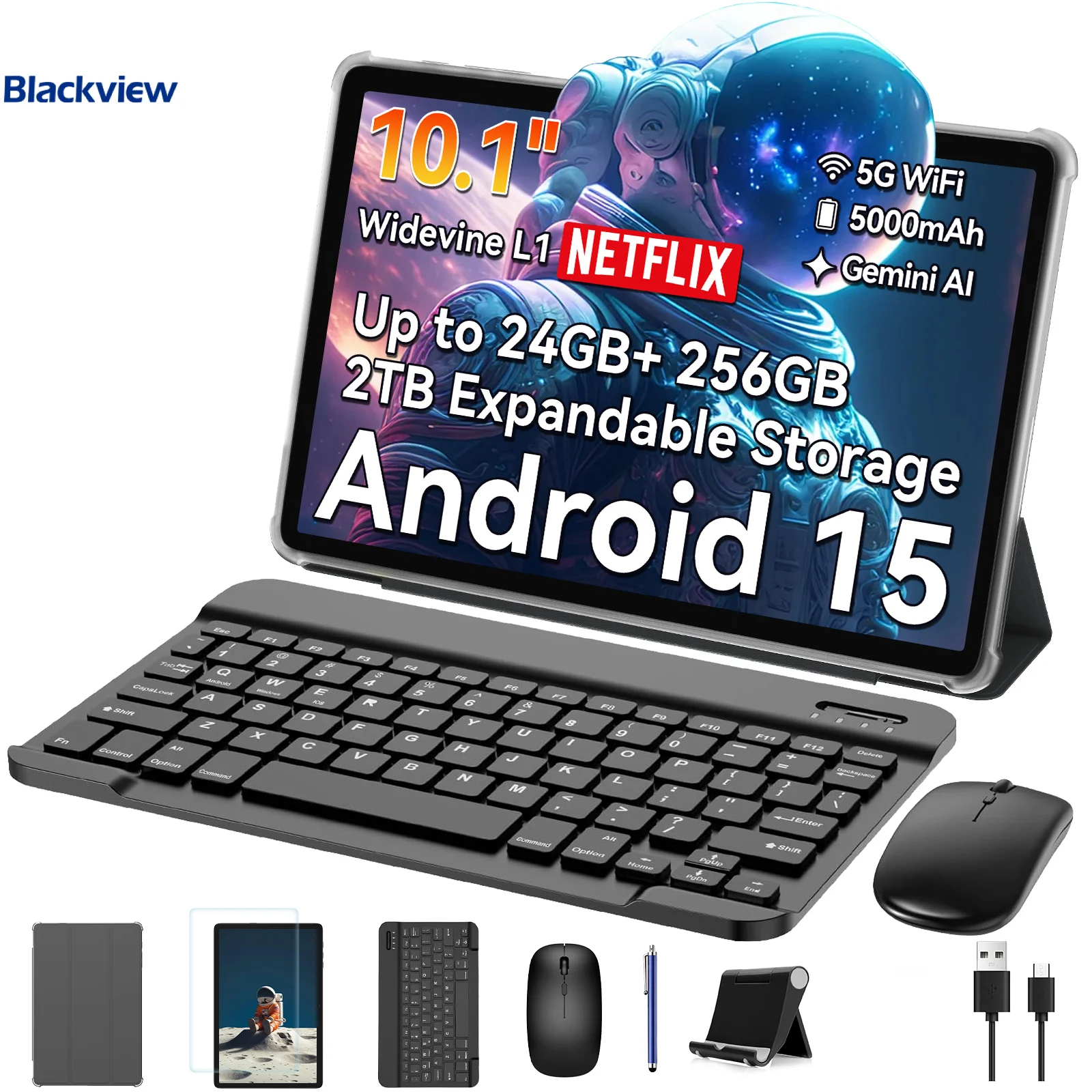 T20 Tablet Latest Android 15 Tablets 10.1'' HD+ Display, 8GB+ 256GB, 5000mAh, 2 in 1 Tablets with Keyboard Mouse Stylus