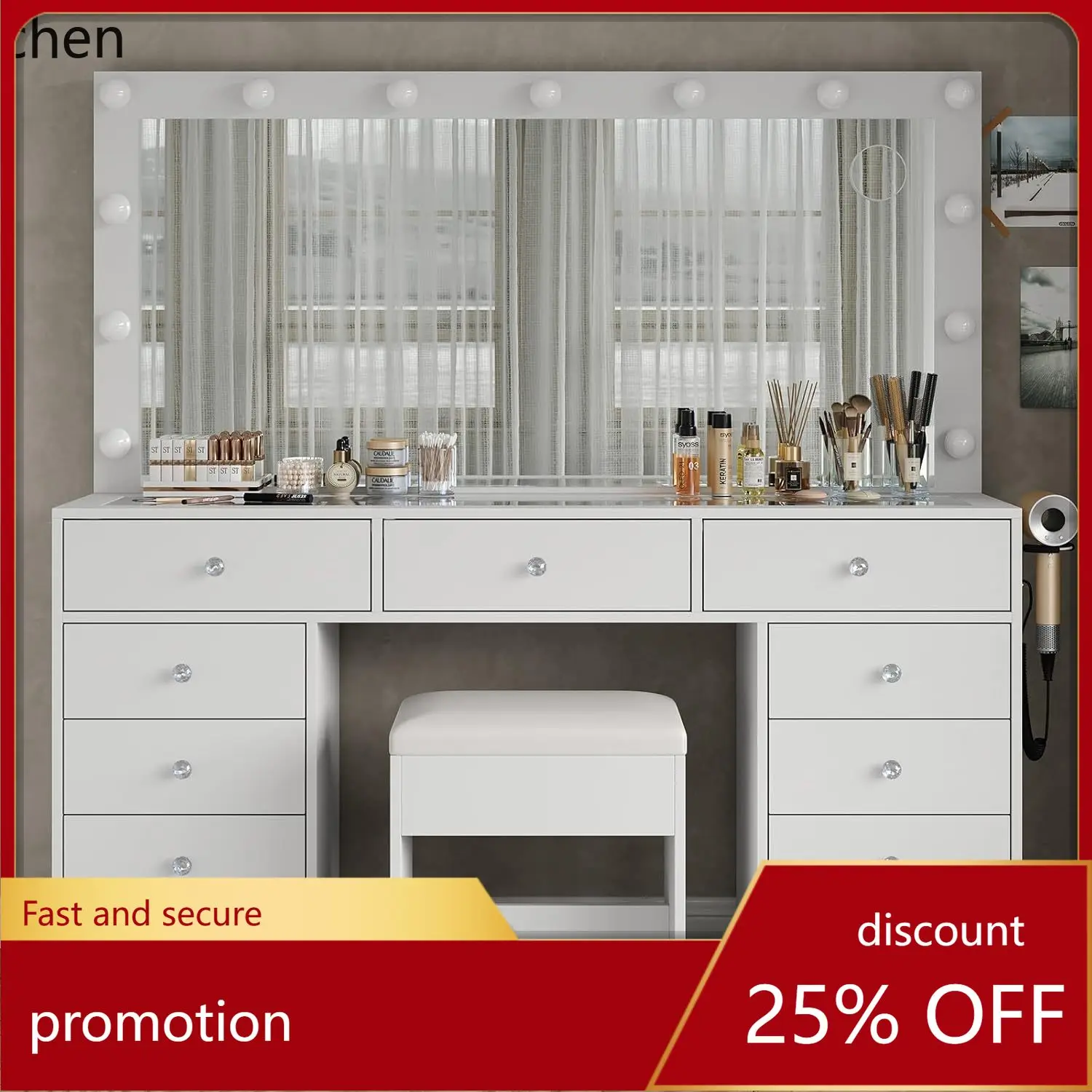 CZ Schminktisch Frisiertisch mit Spiegel für Schlafzimmer Glasplatte Set für den Heimgebrauch Image