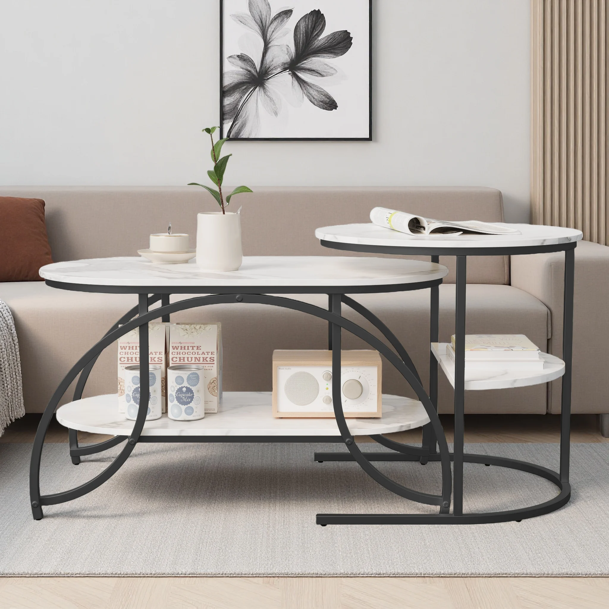 Comanlai Ausziehbarer Couchtisch mit Marmorstrukturplatte, Metallbeine, rostfreies Design für Wohnzimmer, Balkon, Büro, Zuhause Image