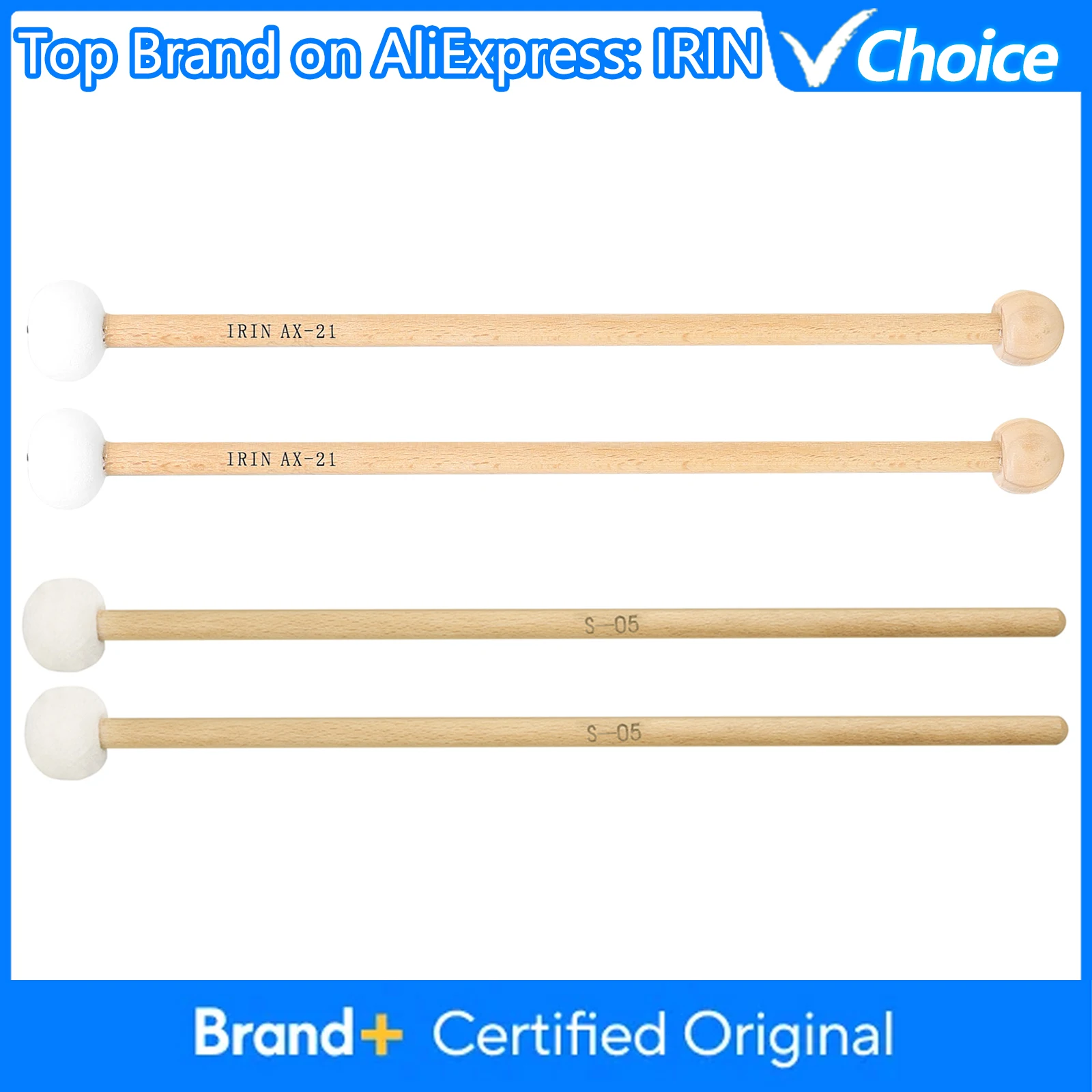 IRIN Filz-Drumsticks, Timpani-Schlägel, 1 Paar, Filzkopf, Holzgriff, rutschfeste Trommelstöcke, Zubehör für Schlaginstrumente Image