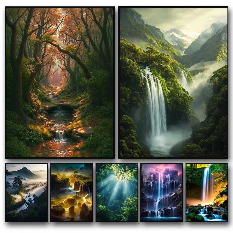 1 Stück rahmenloses Leinwandgemälde, natürliche Landschaft, Wasserfall, spektakuläres Leinwandgemälde, grüner Baum, Wald, Poster, Wandkunstdrucke