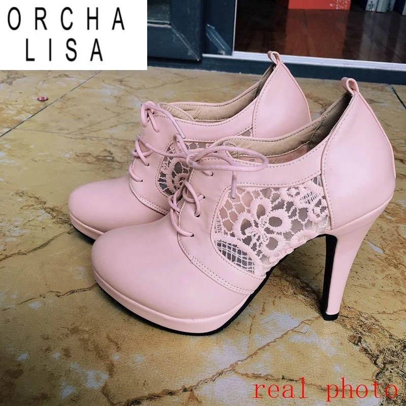 ORCHA LISA 2025 Romantische Damen-Strickpumps, Mesh-Schnürung, spitze Zehenplattform, 11 cm Spike-Absatz, US 12, Rosa, Weiß, Schwarz, A4372 Image