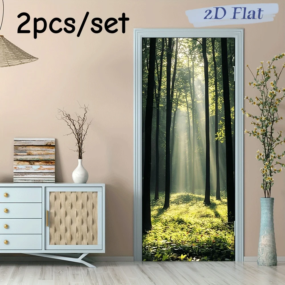 2 Stück Sonnenschein-Wald Dekorative Tür- und Wandaufkleber 3D Selbstklebende Wandsticker für Schlafzimmer, Wohnzimmer, Eingangsbereiche und Hintergründe