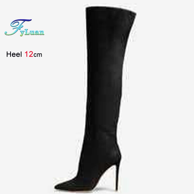 2026 Herbst Winter Schwarze Damen-Ritterstiefel Dünne Hohe Absätze 12cm Kniehohe Stiefel Spitze Damen-Schuhe Lange Wildlederstiefel CD