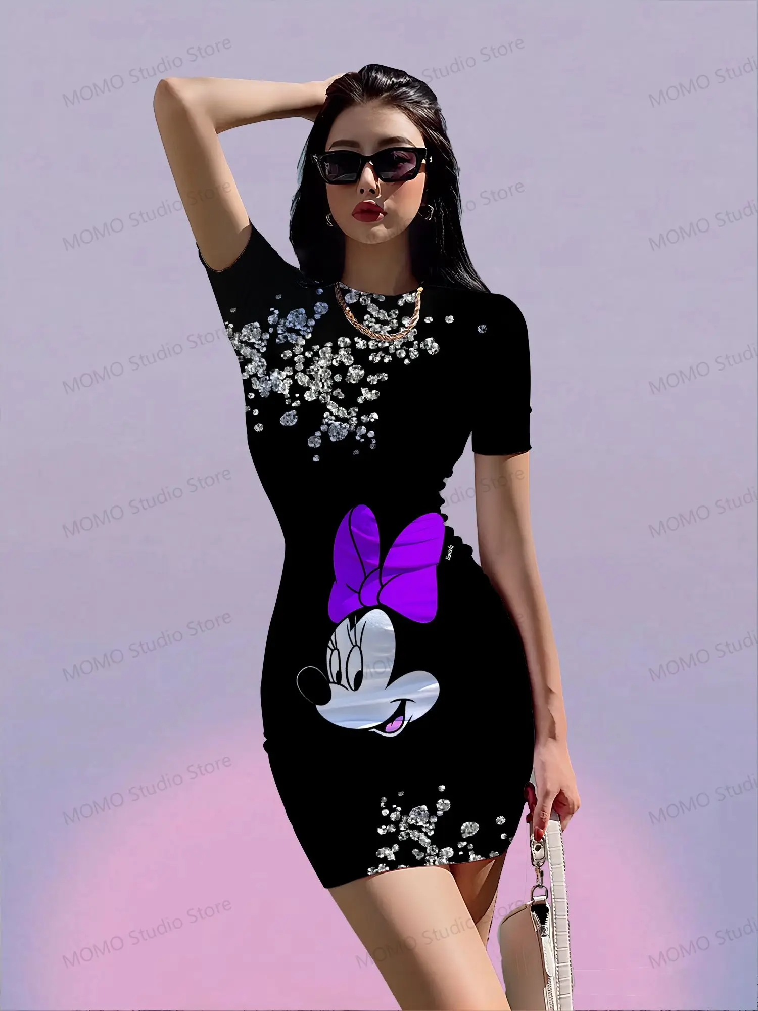 Kawaii Disney Mickey Mouse Damen Kurzarm-Hüftkleid für junge Mädchen, O-Ausschnitt, Y2k 2026, Sommer, S-3XL, modisch, neu, elegant