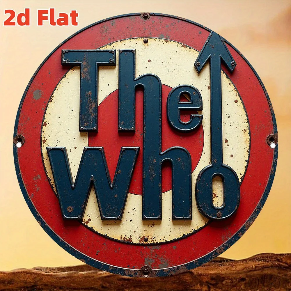 Vintage 2D Flaches The Who Rundes Blechschild Retro Rockband Target-Stil Wanddekoration für Männerhöhle Musikstudio Hausbar Rock-Fan Geschenk Image