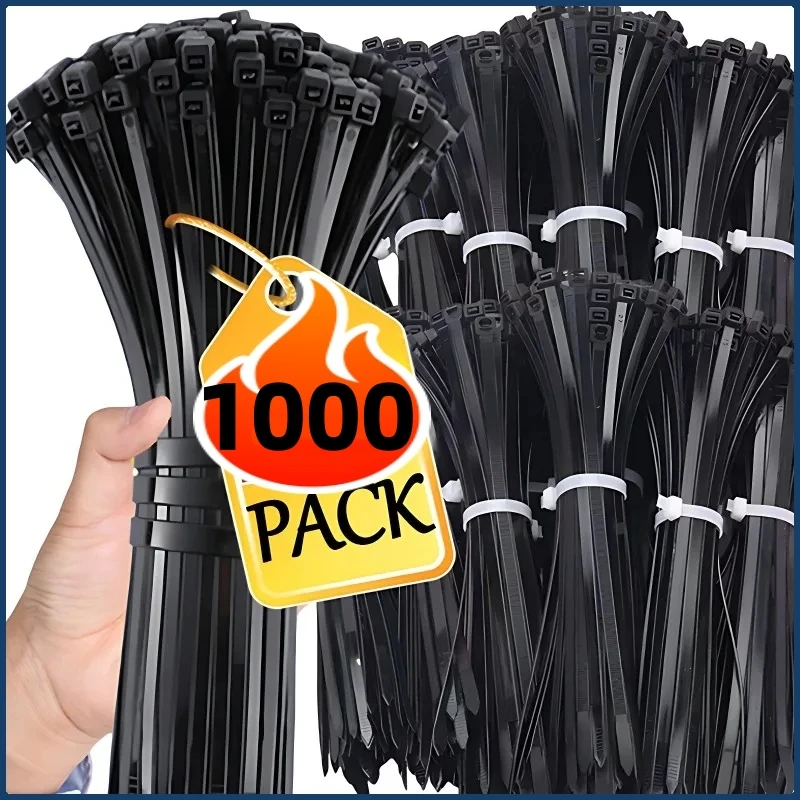 1000/100 Stück Selbstsichernde Kunststoff-Nylon-Kabelbinder Schwarz Befestigungsriemen Kabelbinder-Set Kabel-Zip-Tie Befestigungsring Zip-Wraps Riemenbinder Image