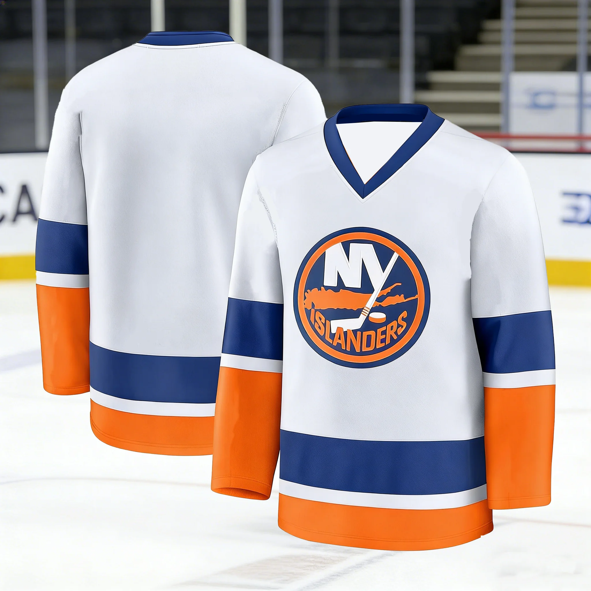 New York Islanders Style Hockey-Trikot Weiß/Orange/Blau Klassisches Design, Nostalgische Fan-Bekleidung 3D-Druck Lässige Sportbekleidung Unisex