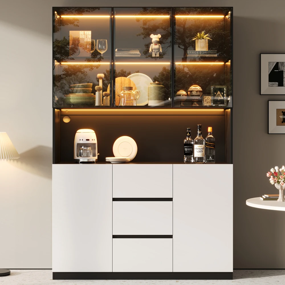 PINGGO LED-Glasvitrine, 120 x 40 x 200 cm, Aufbewahrungsvitrine aus gehärtetem Glas mit Schubladen und Türen für Wohn- und Esszimmer Image