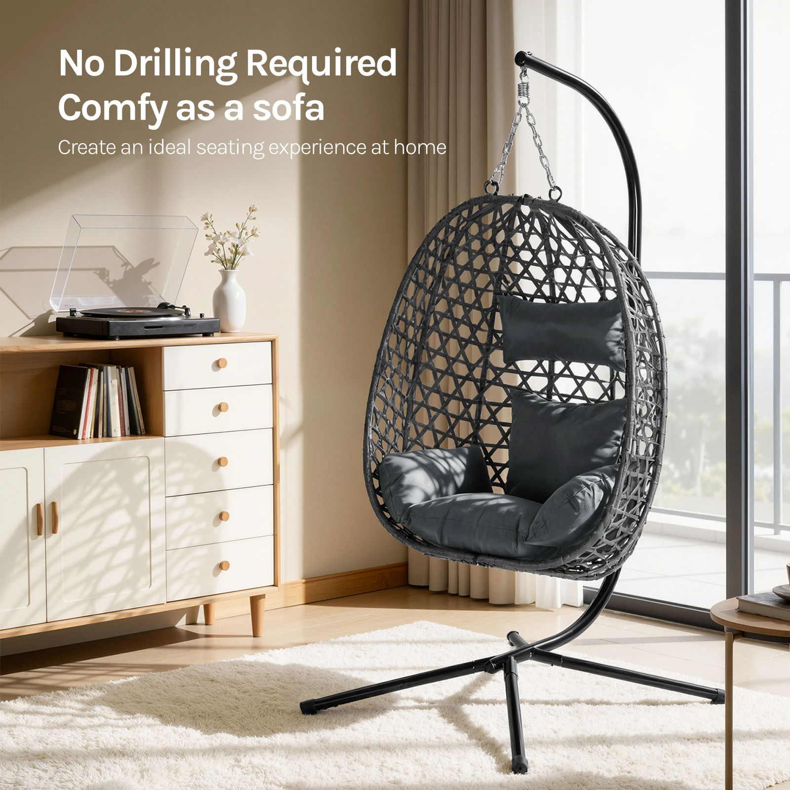 WOLTU Hängesessel mit Kissen und Kopfstütze, Hängematten-Schaukelstuhl mit Ständer für den Innen- und Außenbereich, Garten, Balkon, Terrasse, Dekoration