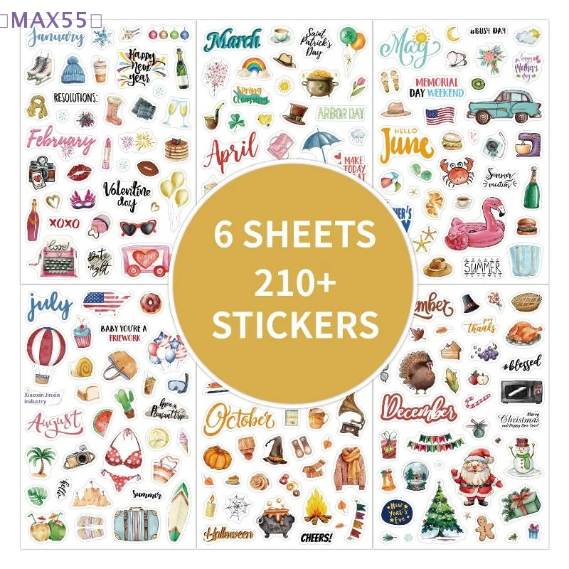 【MAX-55】210 Stück Planungs-Aufkleber, Cartoon-Tagesnotizen mit festlichem Thema, kreative Journaling-Planungs-Aufkleber, Papieretiketten Image