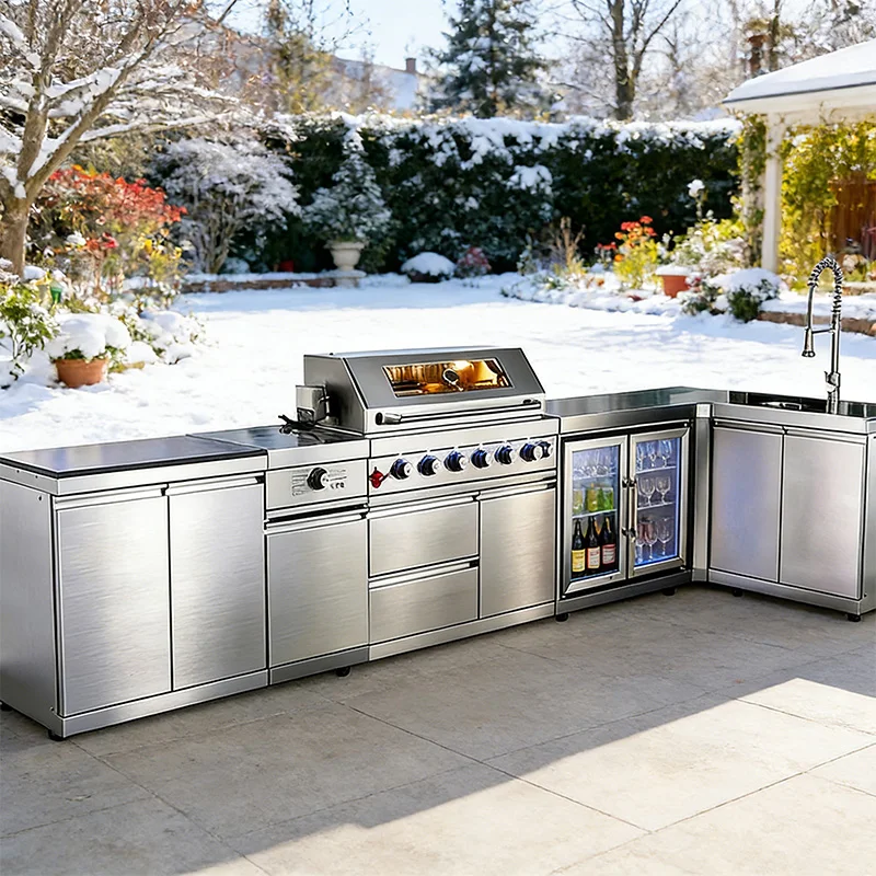 Professionelle Outdoor-Küche für Terrasse und Garten, Edelstahlschrank mit eingebautem Grill, Kochfeld, Spüle, Kühlschrank und LED-Beleuchtung Image