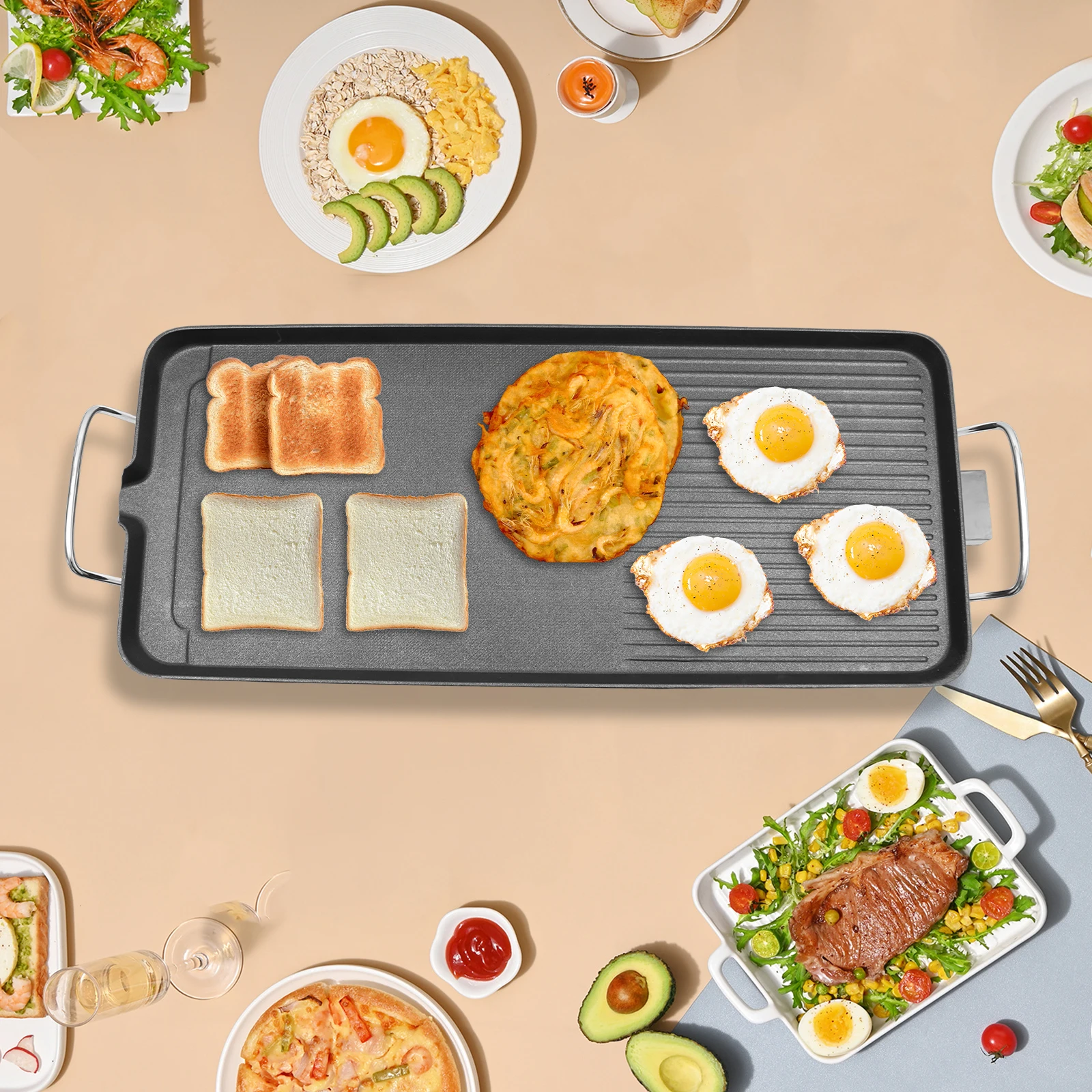 Elektrischer Tischgrill, Rauchfreier BBQ-Grill für Camping, Picknick und Partys, Antihaftbeschichtung mit Einstellbarer Temperatur Image