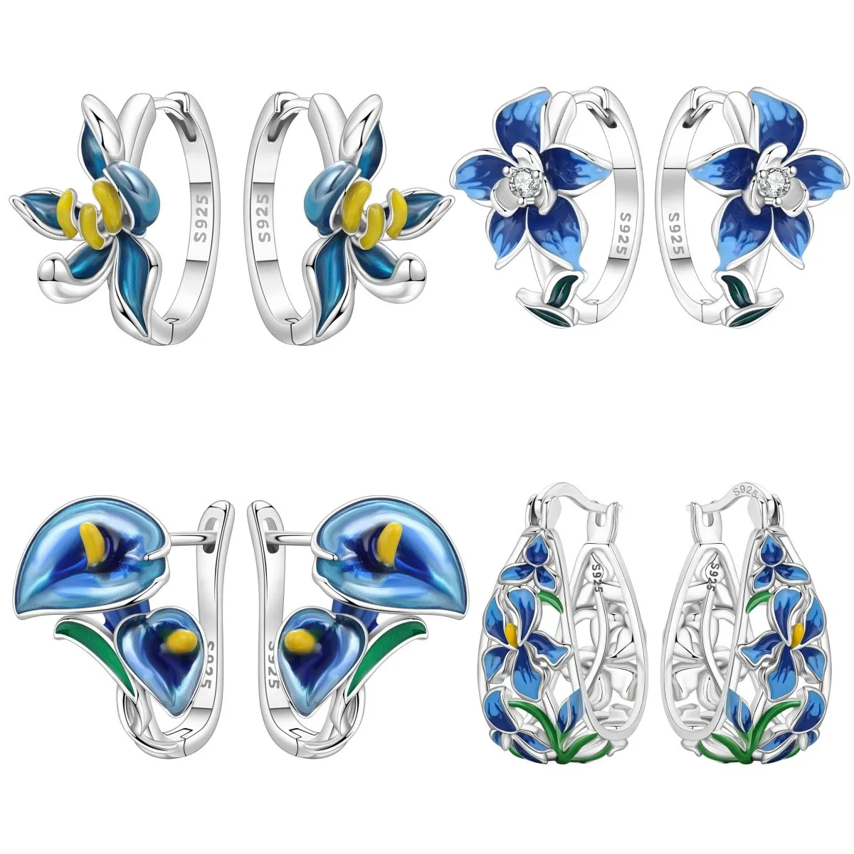 Orstarry S925 Sterling Silber Ohrringe, exquisite blaue Hufeisen-Lotus-Orchideen-Iris-Blumen-Ohrringe für Frauen, Geburtstagsgeschenk