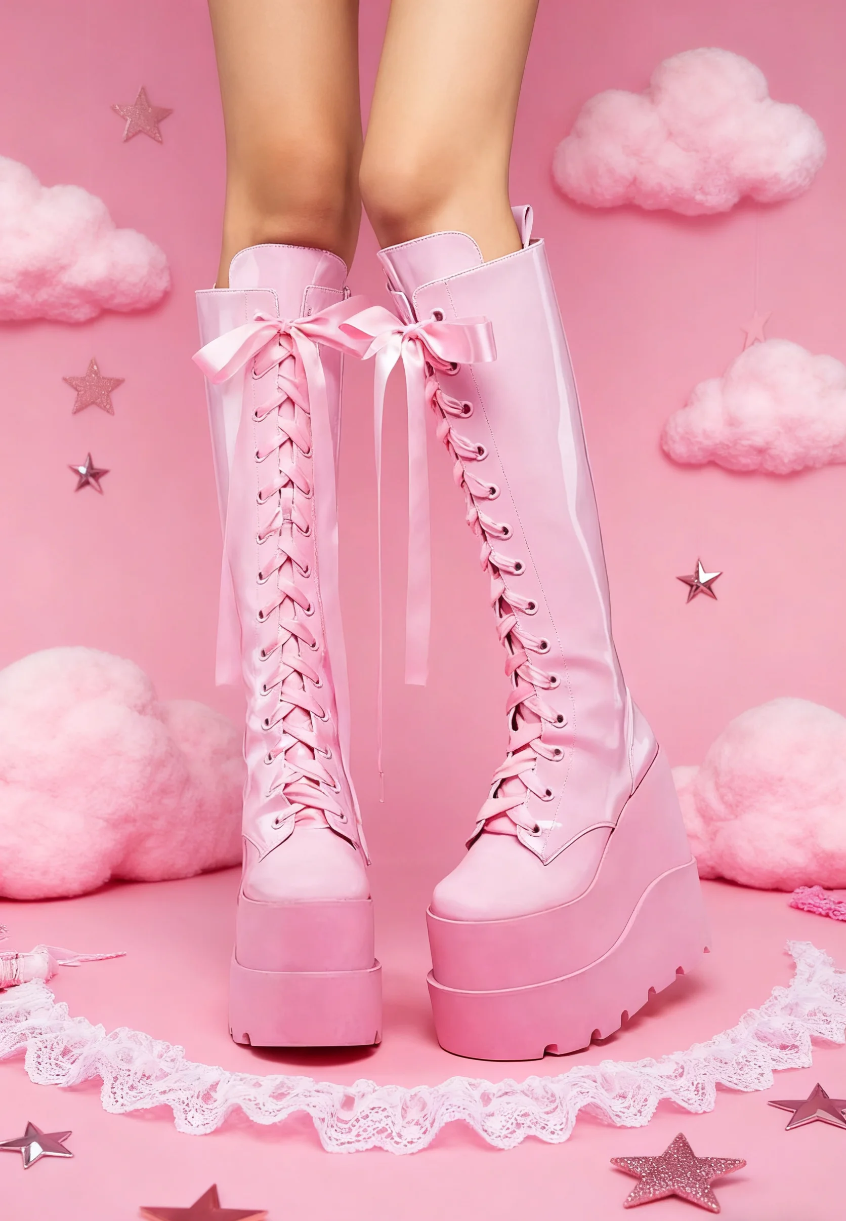 Punk Stil Rosa Runde Kappe Plattform Kniehohe Frauen Stiefel Keile Super High Heels Lace Up Design Große Größe Angepasst schuhe