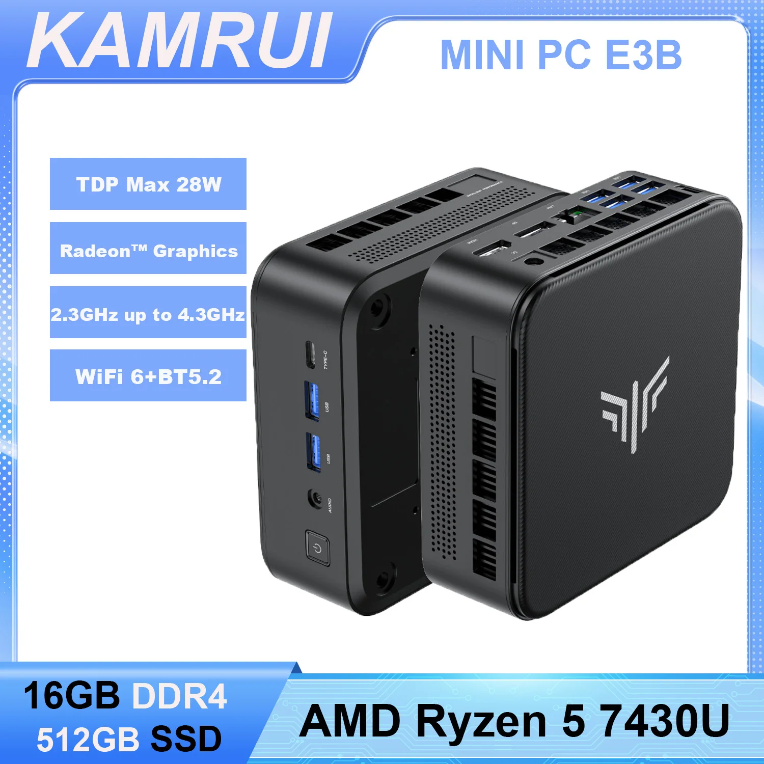 Mini Gaming PC AMD 7430U/V2748 up to 4.3GHz 32GB DDR4 512GB M.2 SSD Dual Channel Wifi6 BT5.2 Win11PRO Radeon 4K Triple Display