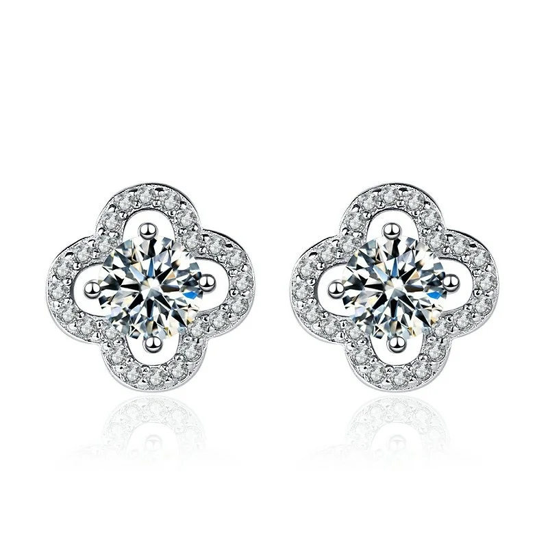 JOIAS HOME 925 Sterling Silber Moissanit Kleeblatt-Ohrringe Klassisches Modedesign Einfacher Eleganter Schmuck Geschenk für Sie Image