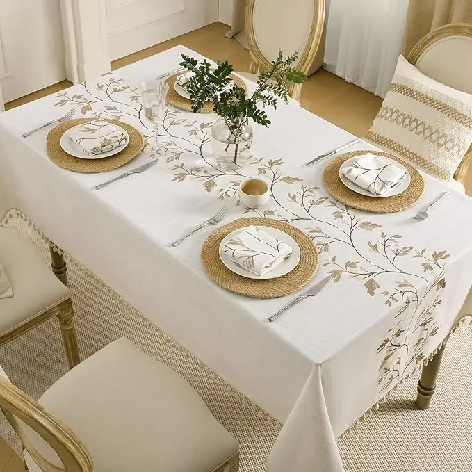 Rechteckige Tischdecke aus Baumwolle und Leinen mit besticktem Blumenmuster für Esstisch, Teetisch, Tischdekoration, staubdicht