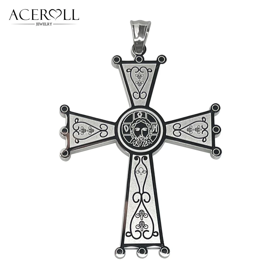 ACEROLL Edelstahl-Anhänger des orthodoxen Kreuzs mit heiligem Jesus-Gesicht Image