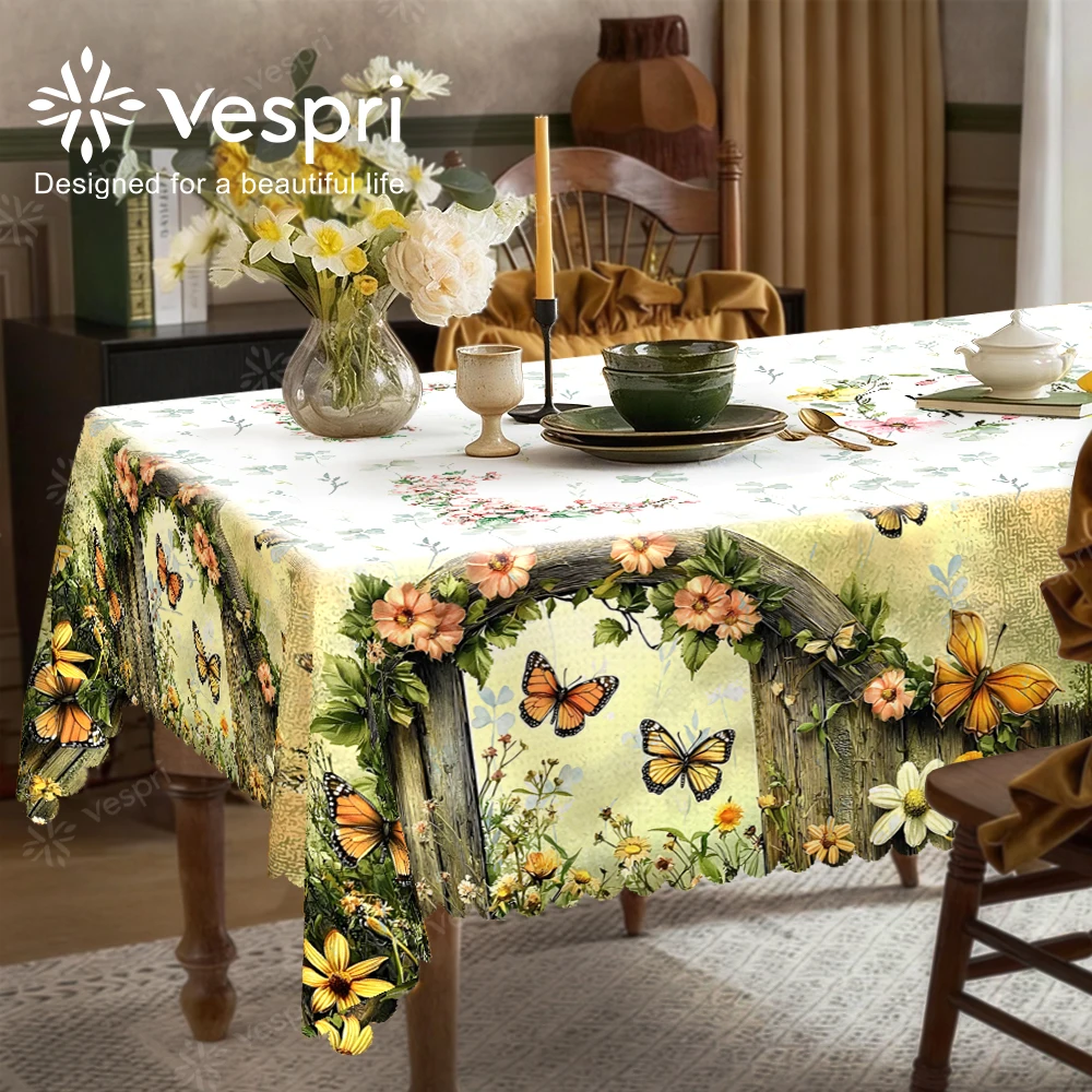 Vespri Frühlings-Tischdecke, florales Pastellmuster mit weißen, gelben Blumen, Schmetterlingen, Bögen, rund, rechteckig, oval, Polyester Image
