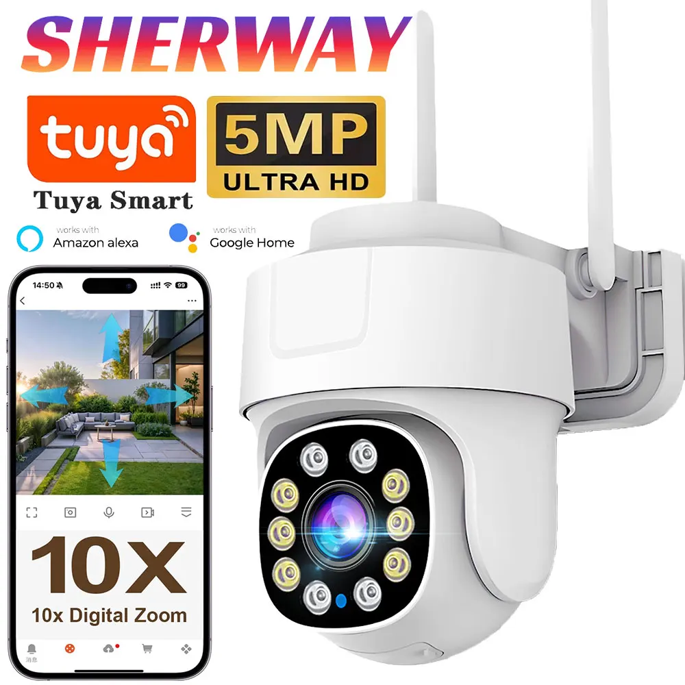 5MP Tuya WLAN-IP-Kamera für den Außenbereich/Innenbereich, 10-facher PTZ-Zoom, Sicherheitskameras, kabellose Videoüberwachung, funktioniert mit Alexa/Google Image