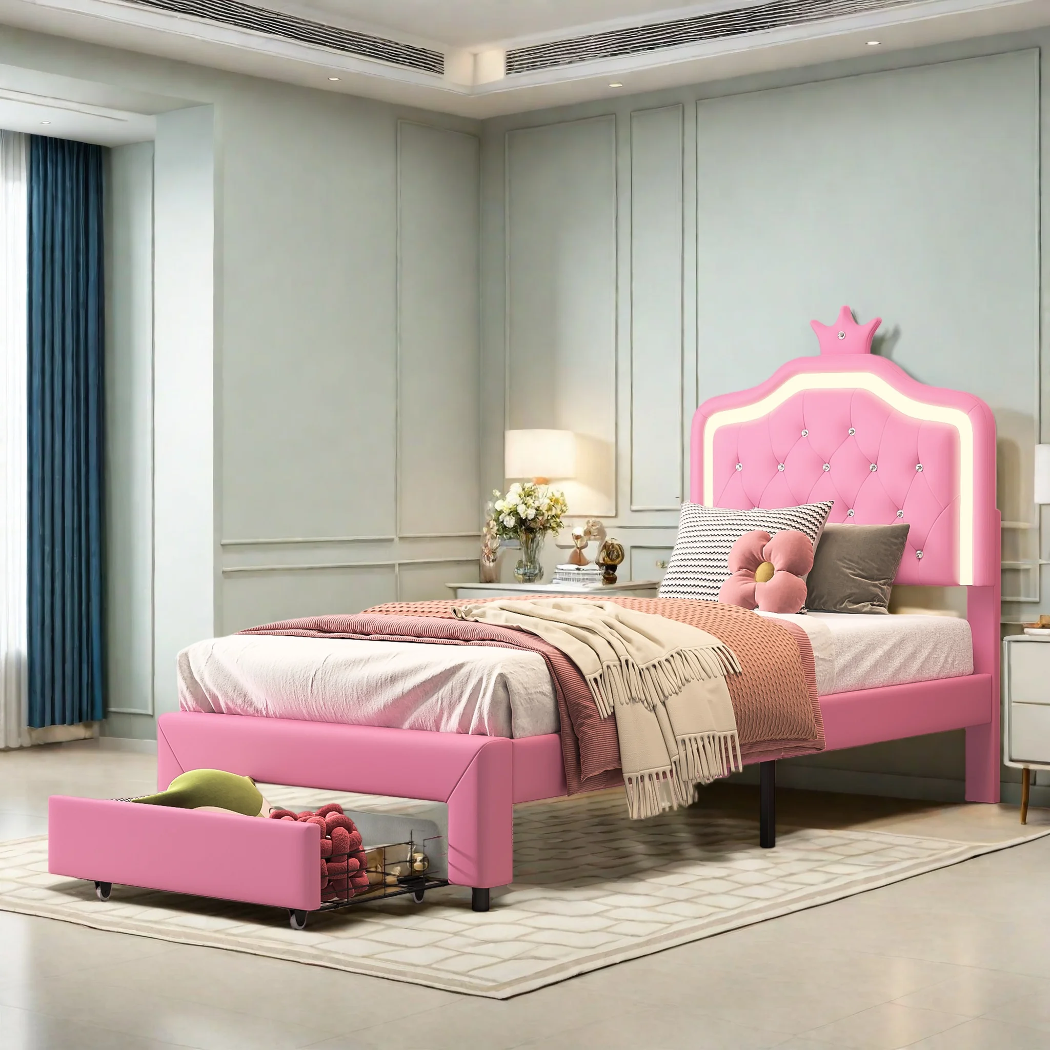 Superaly 90x200cm gepolstertes Einzelbett, Kinderbett mit 1 Schublade, Lichtleiste, kronenförmiges Kopfteil, PU, Pink Image