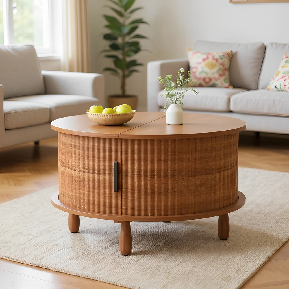 Runder Couchtisch aus Holz mit Klappfunktion und verschiebbaren, erhöhten Massivholzbeinen, gewellter runder Teetisch mit Stauraum, Braun