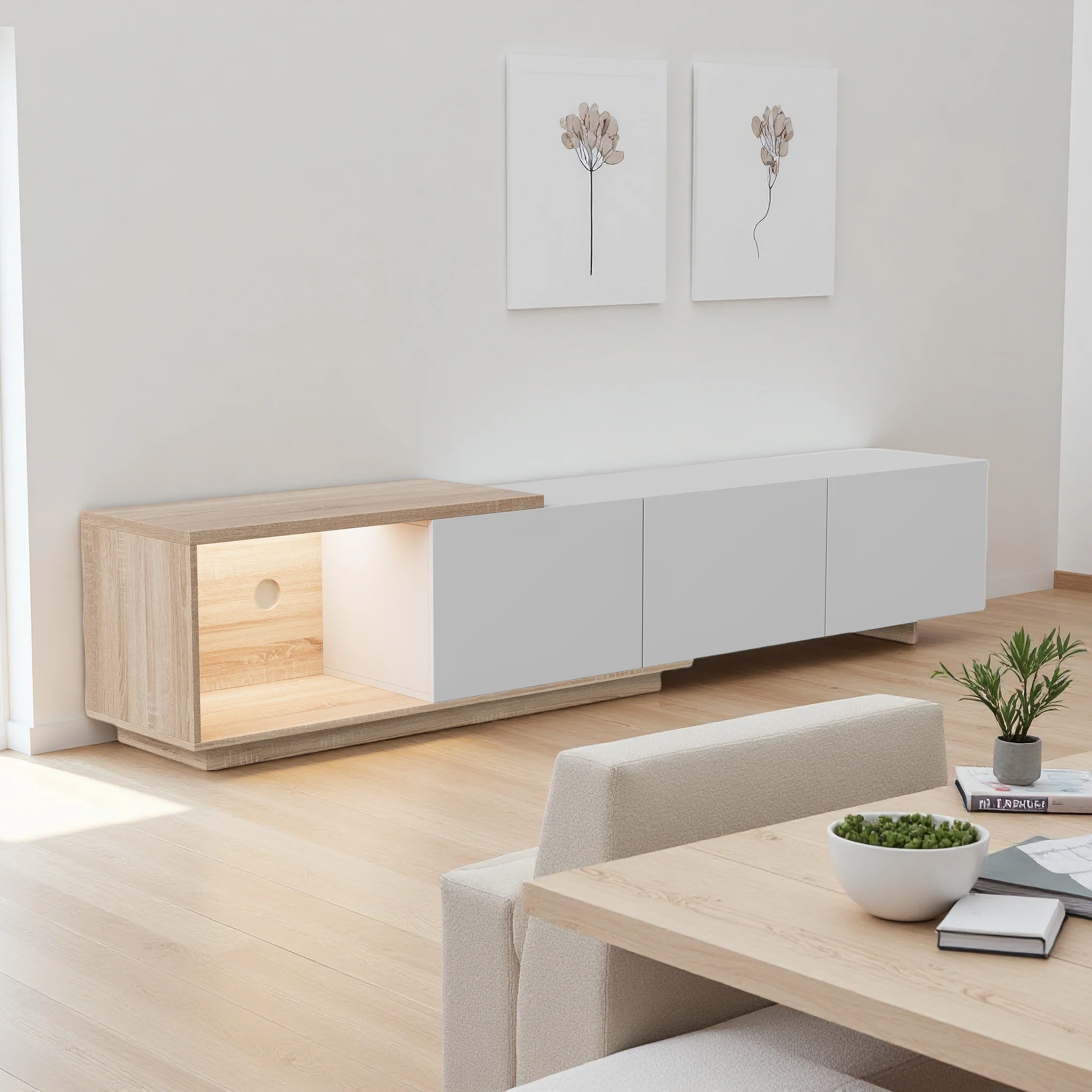 Meuble TV Rosahqnda avec éclairage LED, table TV avec 3 tiroirs, meuble TV bas moderne, meuble de rangement TV pour salon, 240x38x44cm