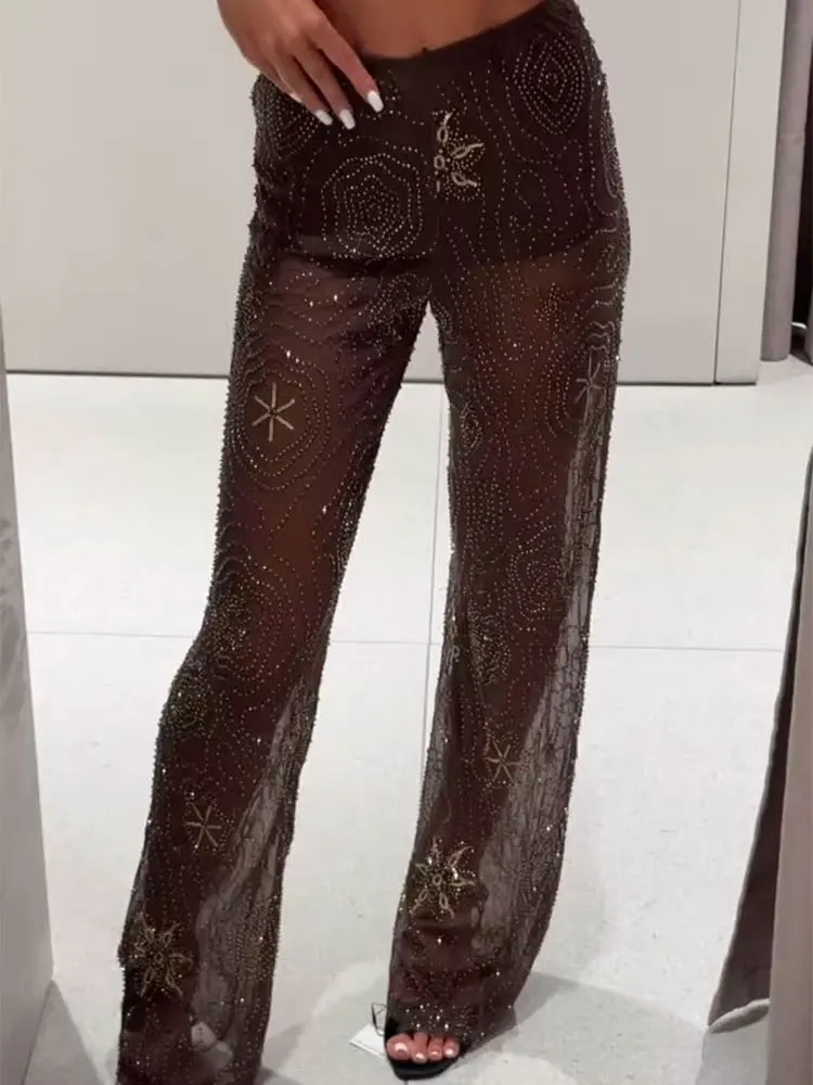 Sexy Damen-Perlenhose mit Pailletten, 2023, Sommer-Dame, gerade, durchsichtig, Abend-Partykleidung, Damen, weites Bein, lange Hose Image