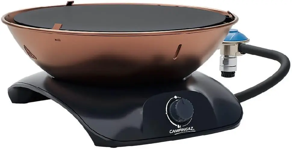 Grill CV, runder Tischgrill, Campinggrill mit Deckel, Balkongrill, kleiner Gasgrill mit 2.200 Watt Leistung