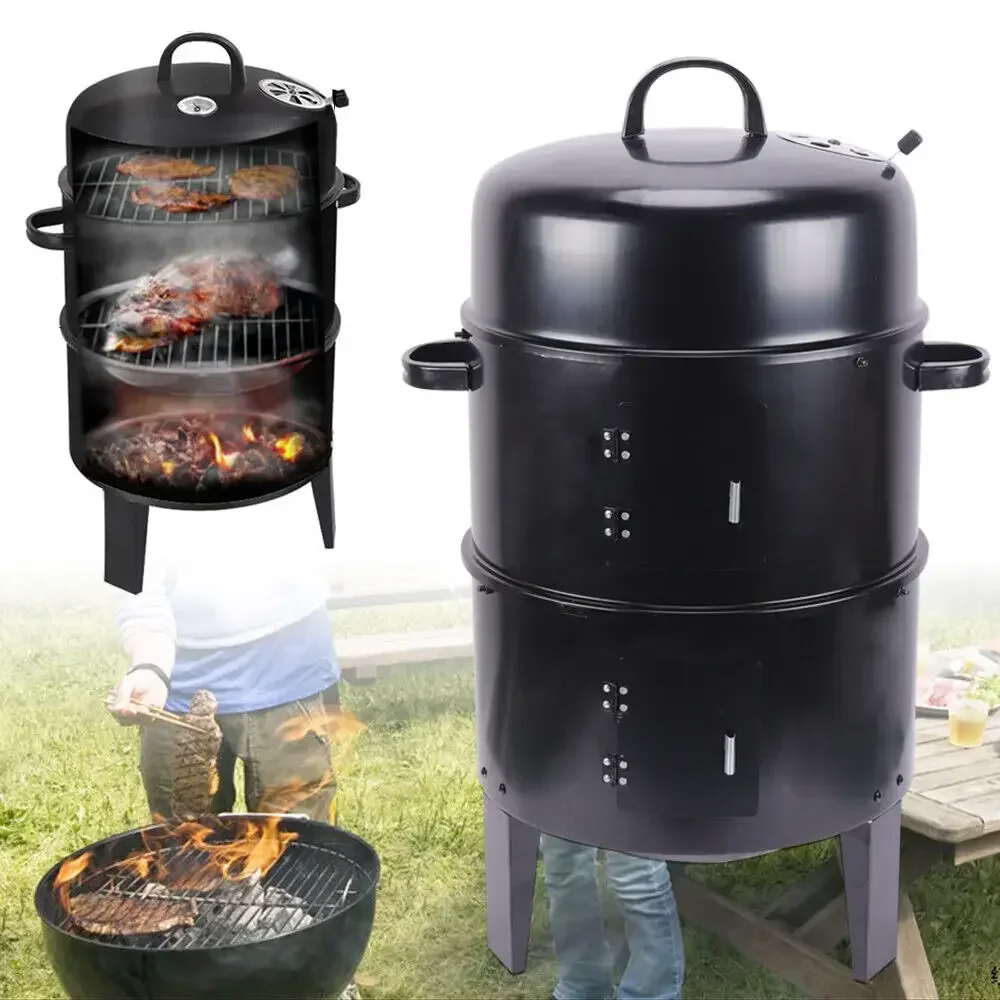 NEU Holzkohle-BBQ-Grill Smoker Box Räucherofen zum Kochen von Speisen Runder Doppelschichtiger Smoker Barrel Holzkohleofen aus Stahl Image