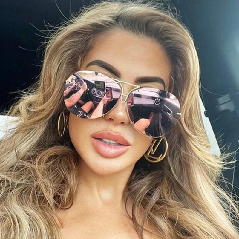 Pilot Damen Sonnenbrille große Farben für Frauen Vintage Spiegel Luxusmarke Mode Brille übergroße randlose Sonnenbrille Image