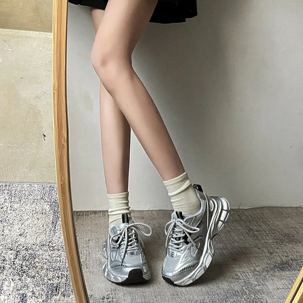 Luxus Frauen Turnschuhe Koreanische Version Frauen Laufschuhe Mode-Trend Dicke Sohle Sport Schuhe Atmungsaktives Mesh Silber Casual Schuh