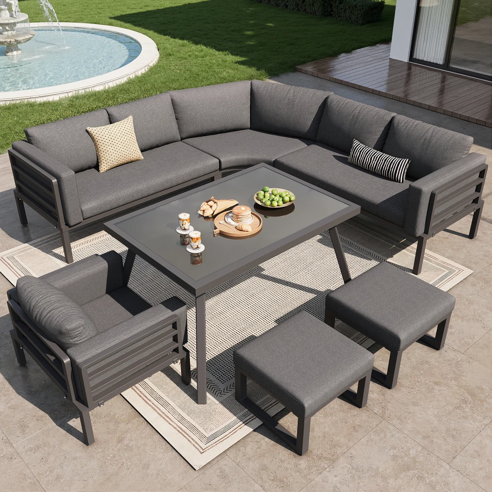 Halbmondförmiges Garten-Sofa-Set für 8 Personen, Robuster Eisenrahmen, Komplett mit Glastisch, 1 Sessel & 2 Hockern, Wetterfest