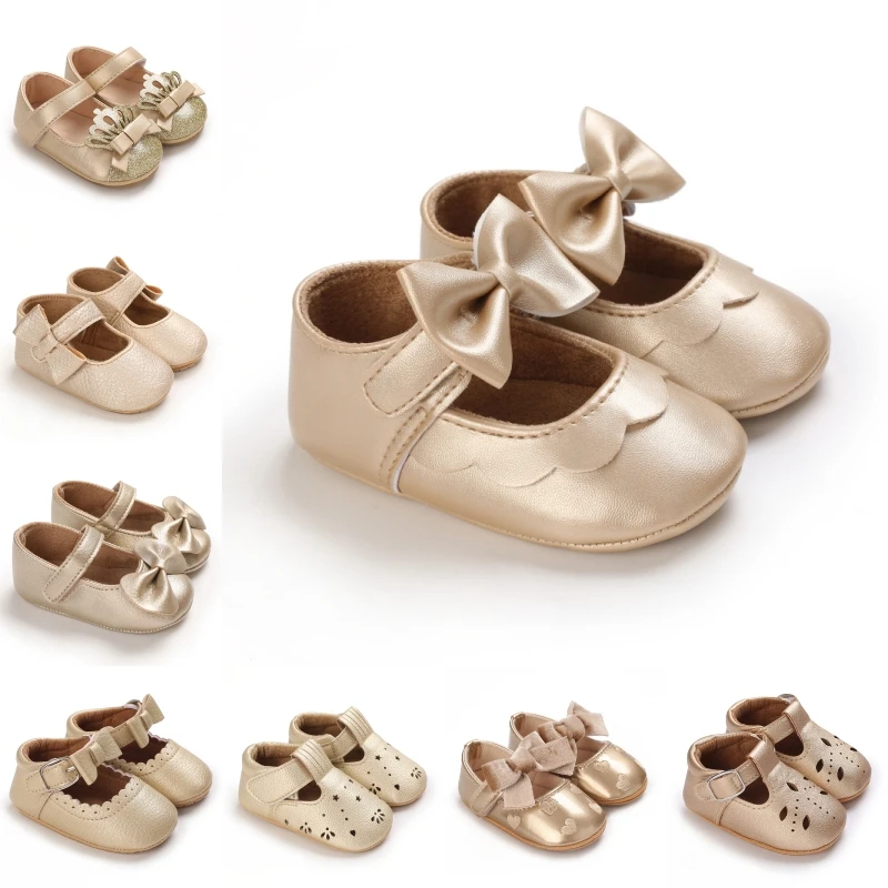 Baby-Mädchen-Schuhe der Gold-Serie im Retro-Prinzessinnen-Stil, elegante Schleife, bequeme Sohle für Neugeborene, Lauflernschuhe