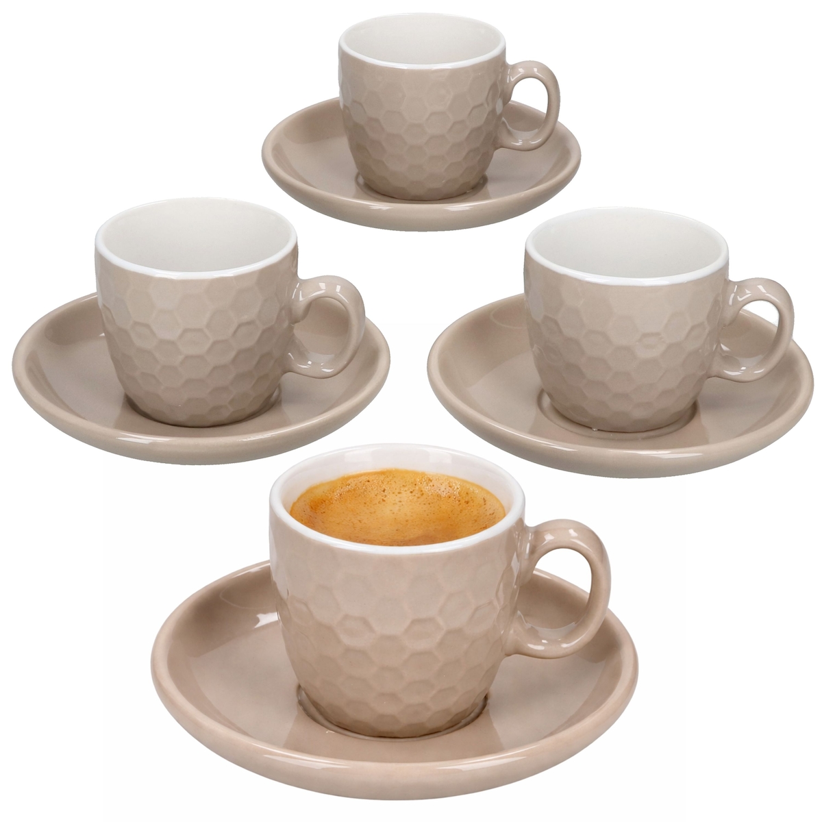 4er Set Hexa Espressotassen mit Untertassen Beige Keramik Relief 4 Personen Mokka Image