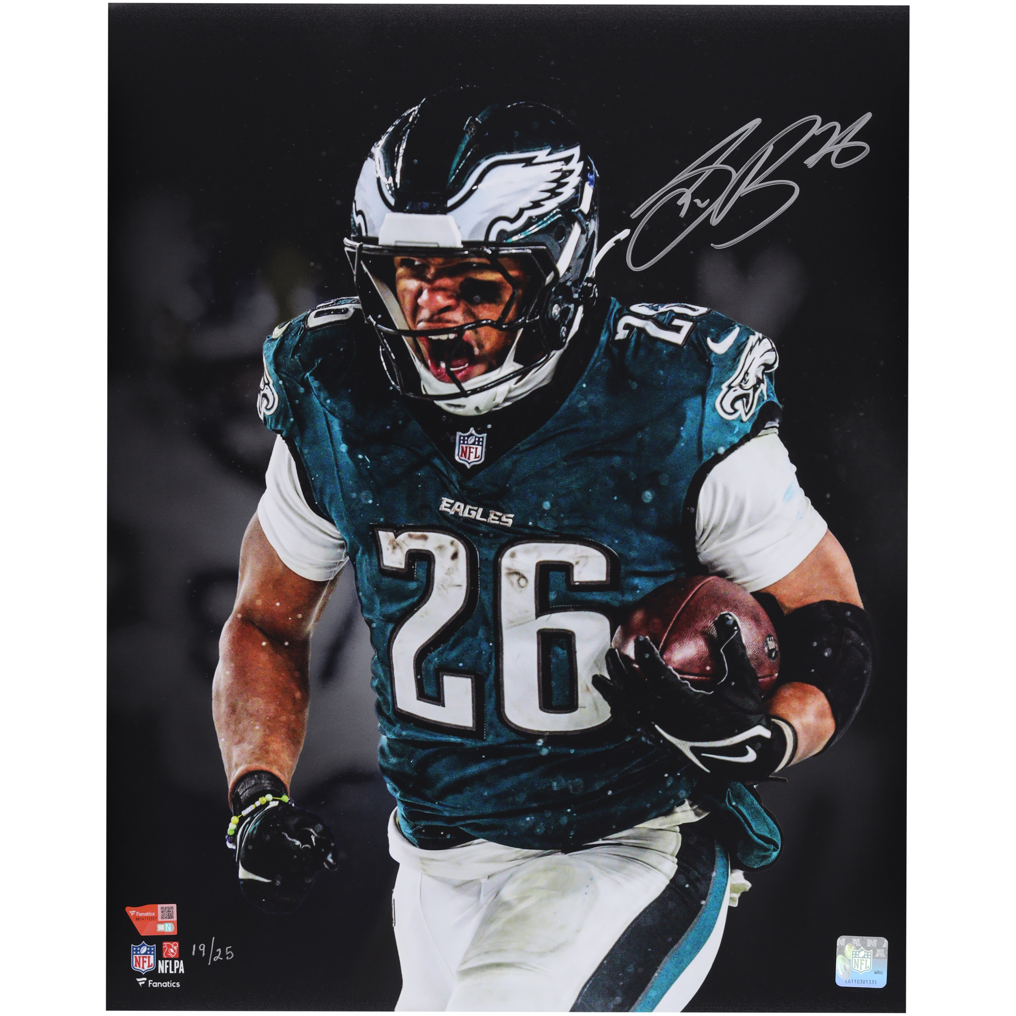 "Saquon Barkley, Philadelphia Eagles, signiertes 40 x 50 cm großes „Unleashed“-Foto – Limitierte Auflage von 25 Stück" Image