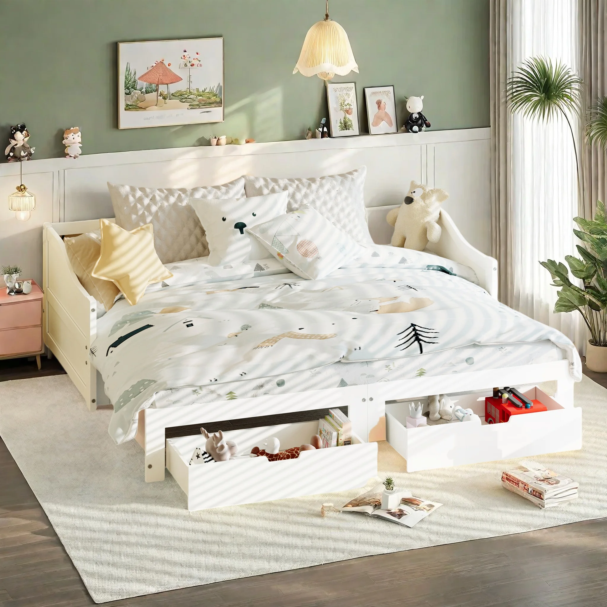 Holzbett Tagesbett 90/180x200 cm ausziehbar mit 2 Schubladen Kinderbett mit Stauraum Sofabett Gästebett Ausziehbett mit Lattenrost Jugendbett Funktionsbett Bettgestell Weiß ohne Matratze platzsparend