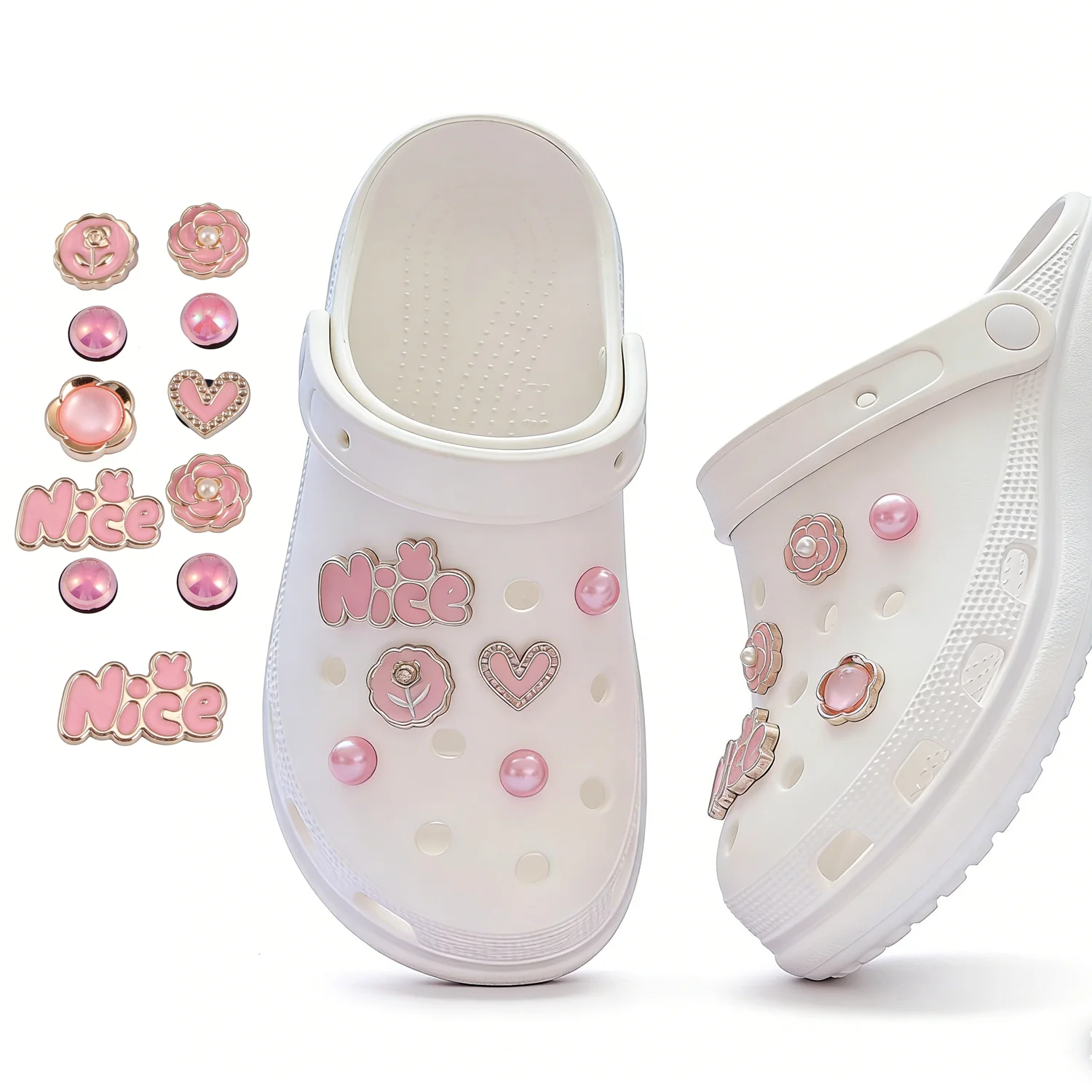 Passende Croc-Charms-Set für Mutter & Tochter, Beste Freundinnen, Paare, Rosa Rosenherz-Perlen-Schuh-Charms, Süße Ästhetische Dekoration für Clogs und Sandalen