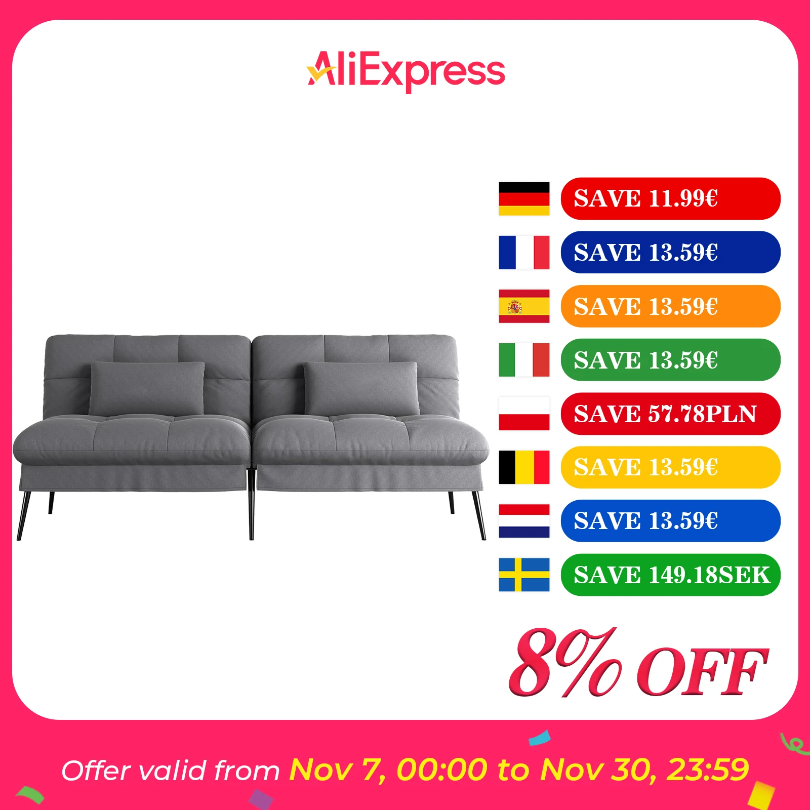 COMHOMA Schlafsofa mit Schlaffunktion, Futonbezug ausklappbar, Ecksofa, Gästesofa 3-Sitzer mit Verstellbarer Rückenlehne, Stoff Image